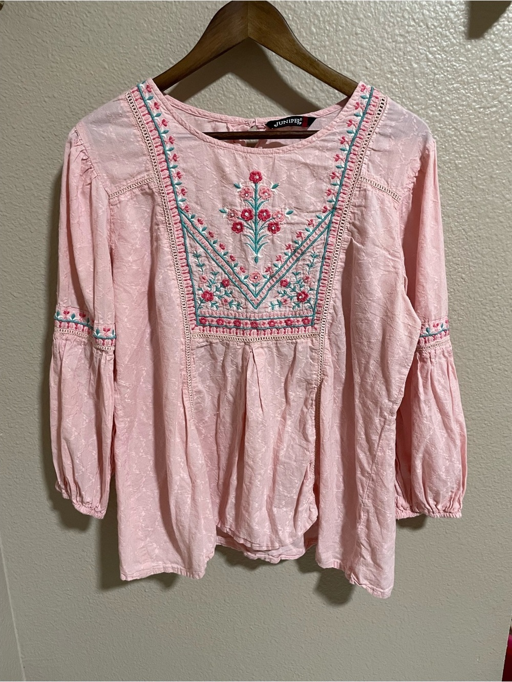 Juniper Pink Embroidered Peasant Blouse